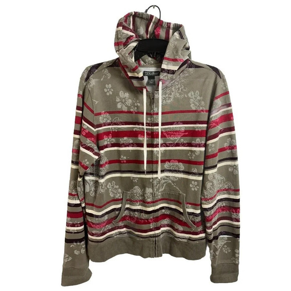 Lucky Brand Distressed Cotton Hoodie Zip Jacket Womens XL Stripes & Floral - Picture 1 of 14